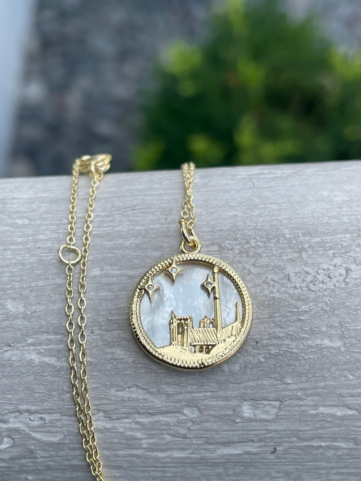 Gold Plated Enchanted Castle Mother of Pearl Reversible Necklace