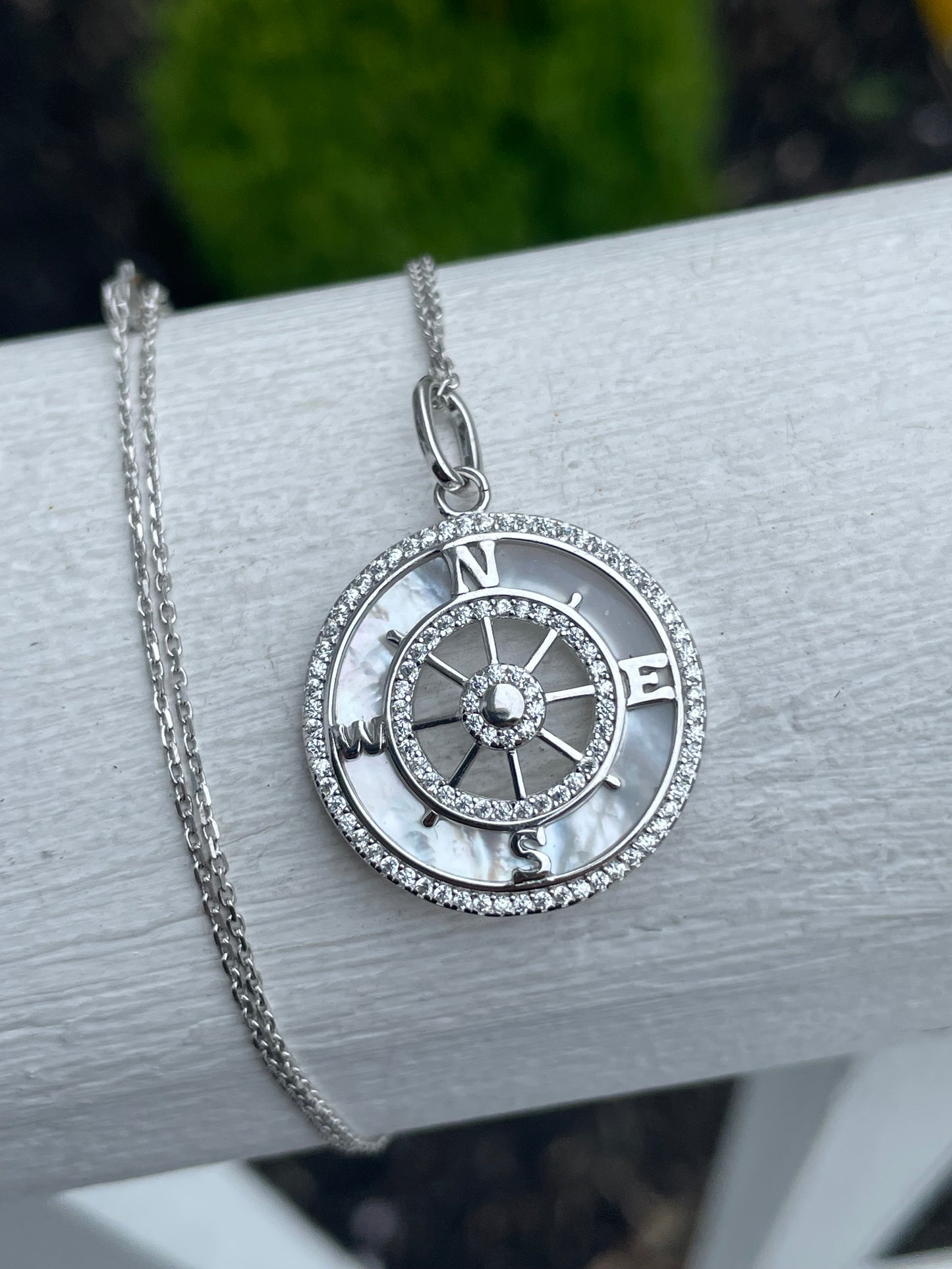 925 Sterling Silver Mother of Pearl & Cz Compass Necklace 16”-18”
