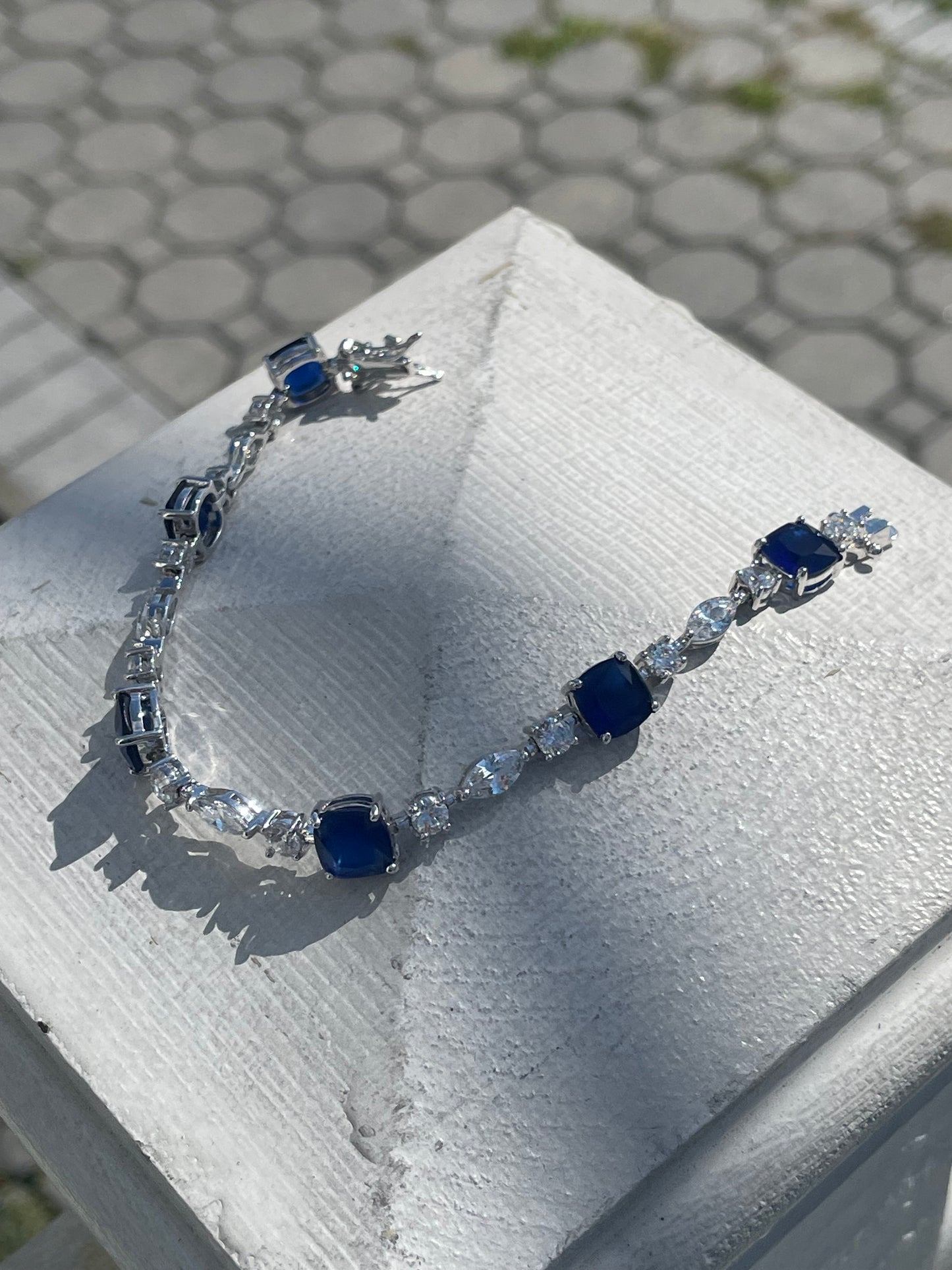 925 Sterling Silver Simulated Cushion Cut Sapphire and Clear Zirconia Tennis Bracelet 7”