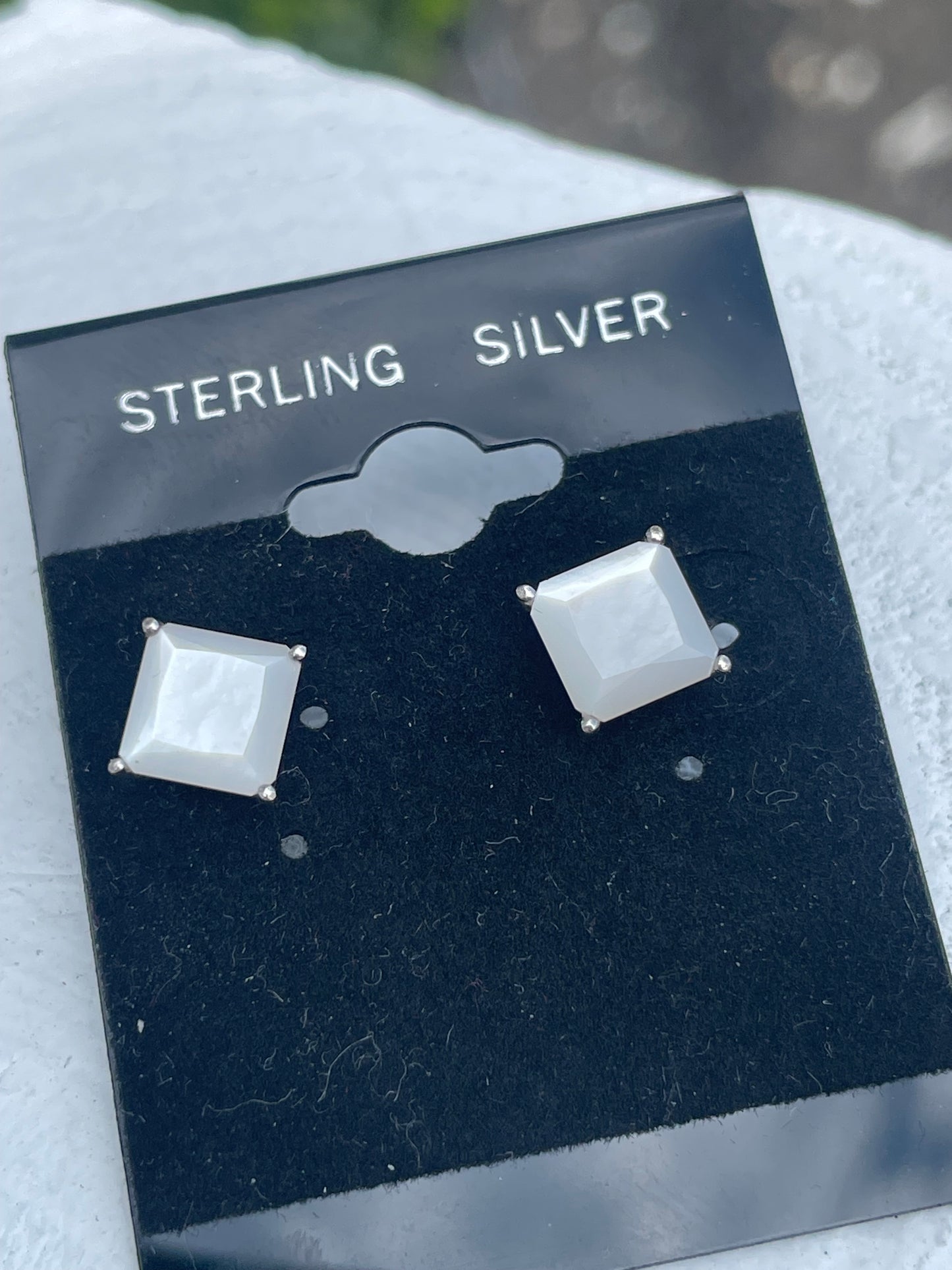 925 Sterling Silver Prong Set Princess Cut Mother of Pearl Stud Earrings