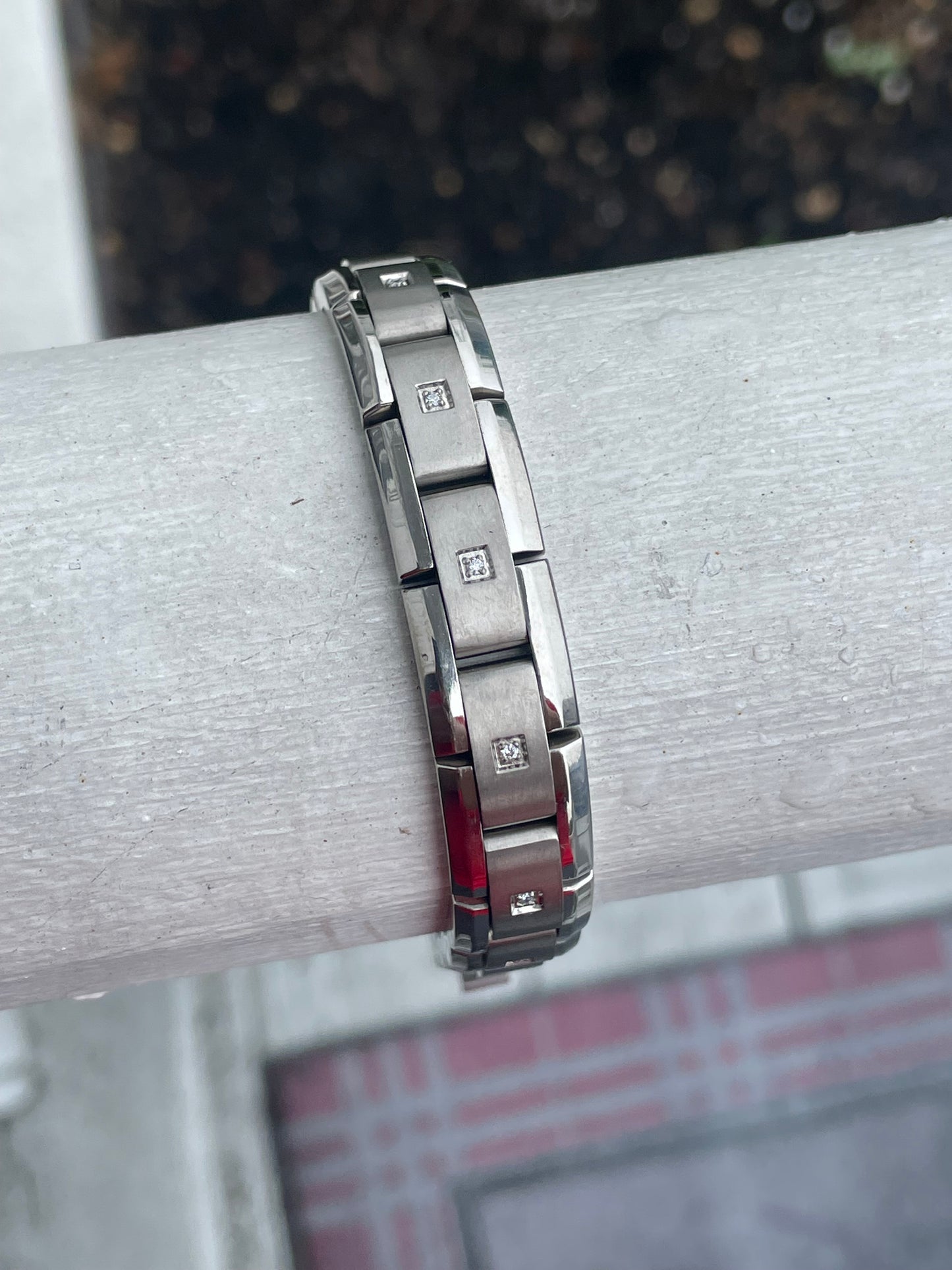 Stainless Steel & Titanium Natural Diamond Link Bracelet 8.75”