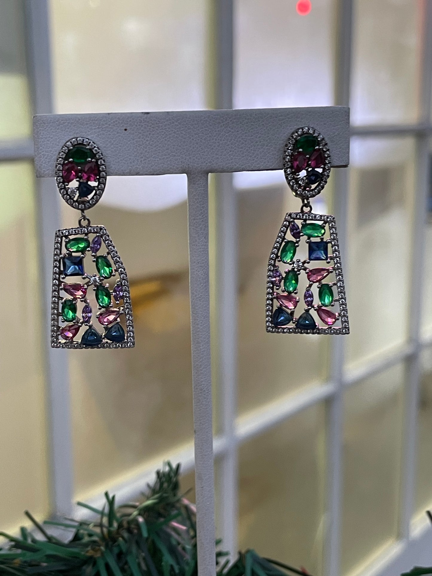 925 Sterling Silver Multi Colored Stone Modernist Dangle Earrings