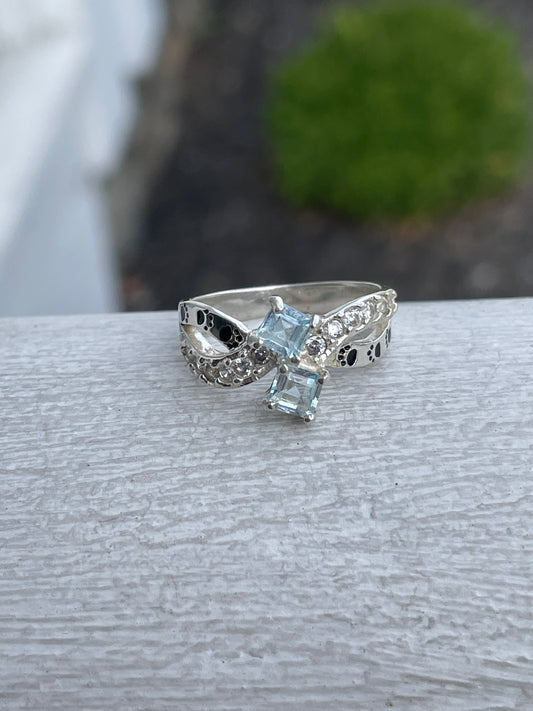 925 Sterling Silver Aquamarine & Cz Cross over Paw print Ring