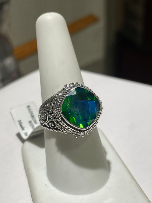 Designer Sarda Rainbow Peridot Quartz Multi Faceted Ring w/ Bali Filigree Setting Size 8