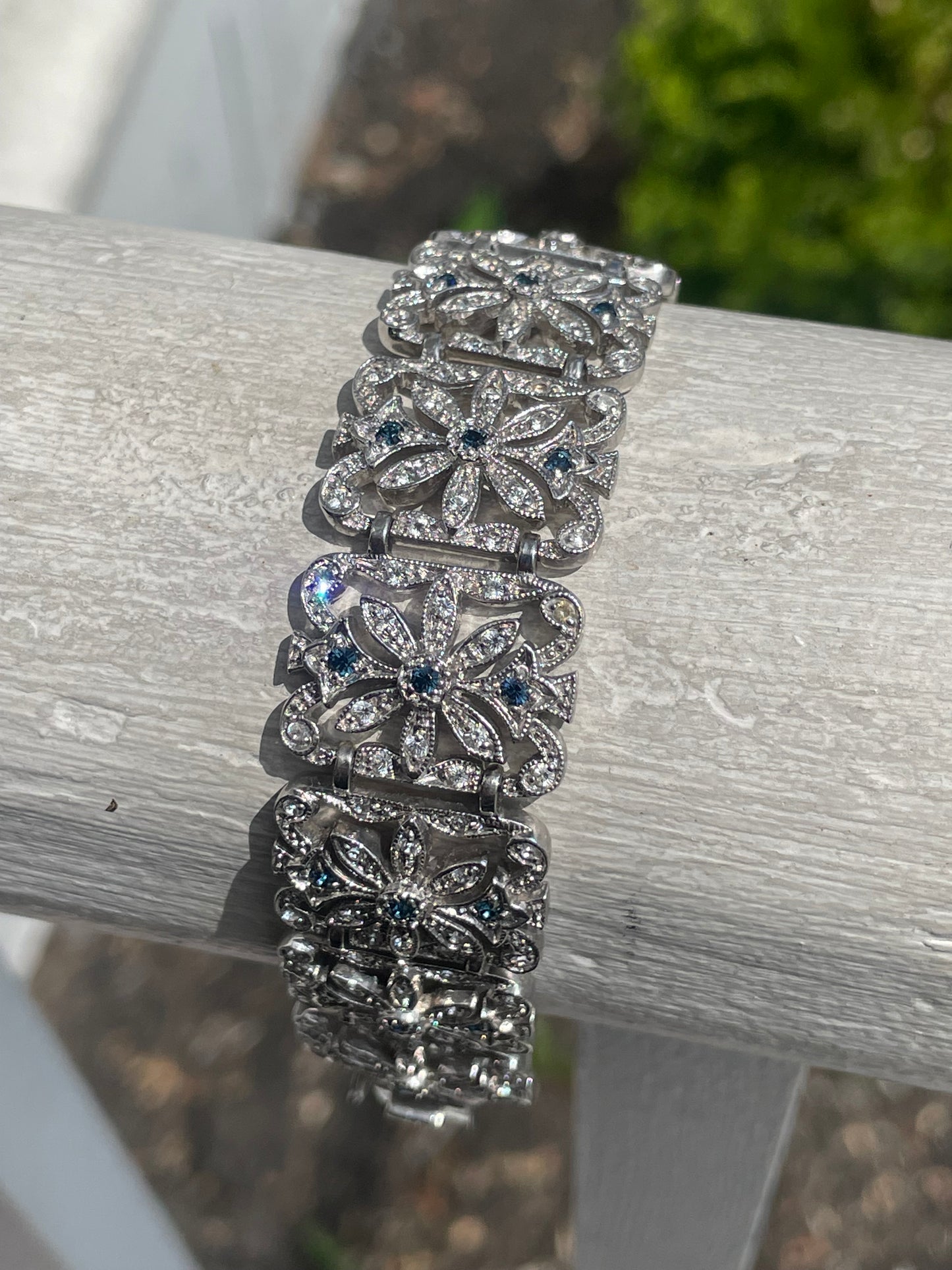 Designer Jenna Nicole 925 Sterling Silver Blue & Clear Swarovski Crystal Flower Filigree Bracelet 6.75”