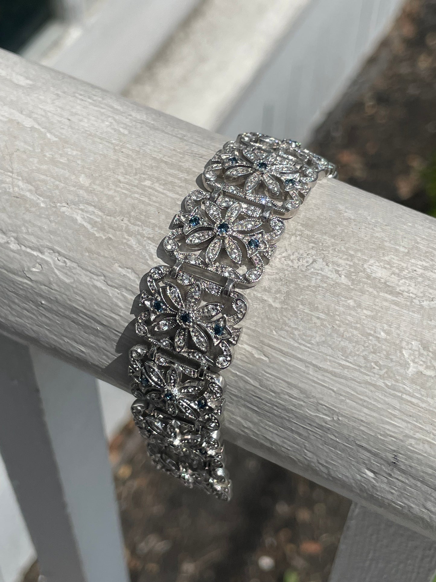 Designer Jenna Nicole 925 Sterling Silver Blue & Clear Swarovski Crystal Flower Filigree Bracelet 6.75”