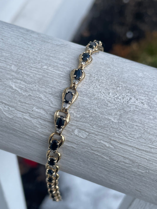 10k Gold Natural Sapphire & Diamond Tennis Bracelet 7.5”