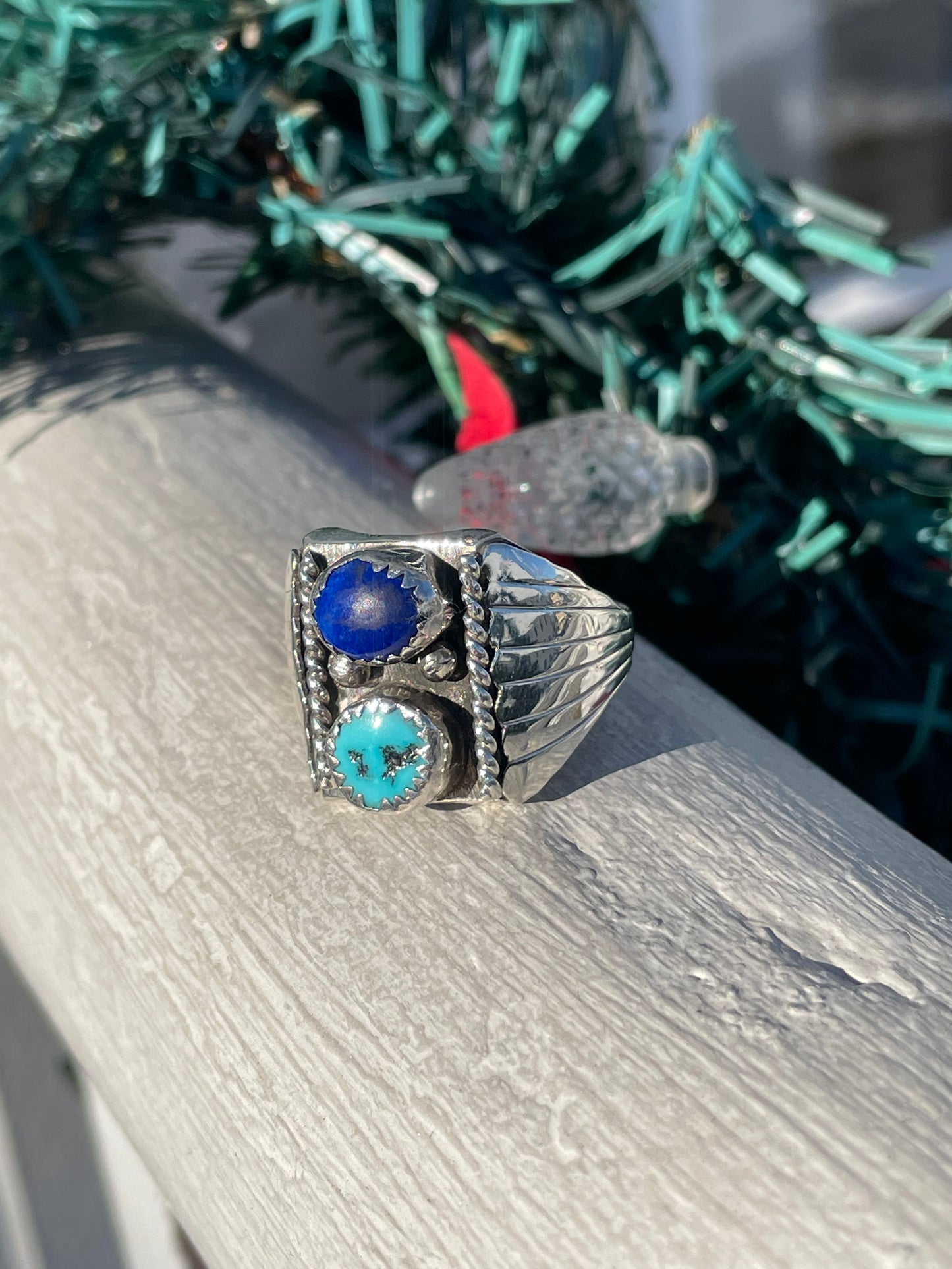 Designer DM 925 Sterling Silver Turquoise & Blue Lapis Double Stone Navajo Signet Ring Size 11.5