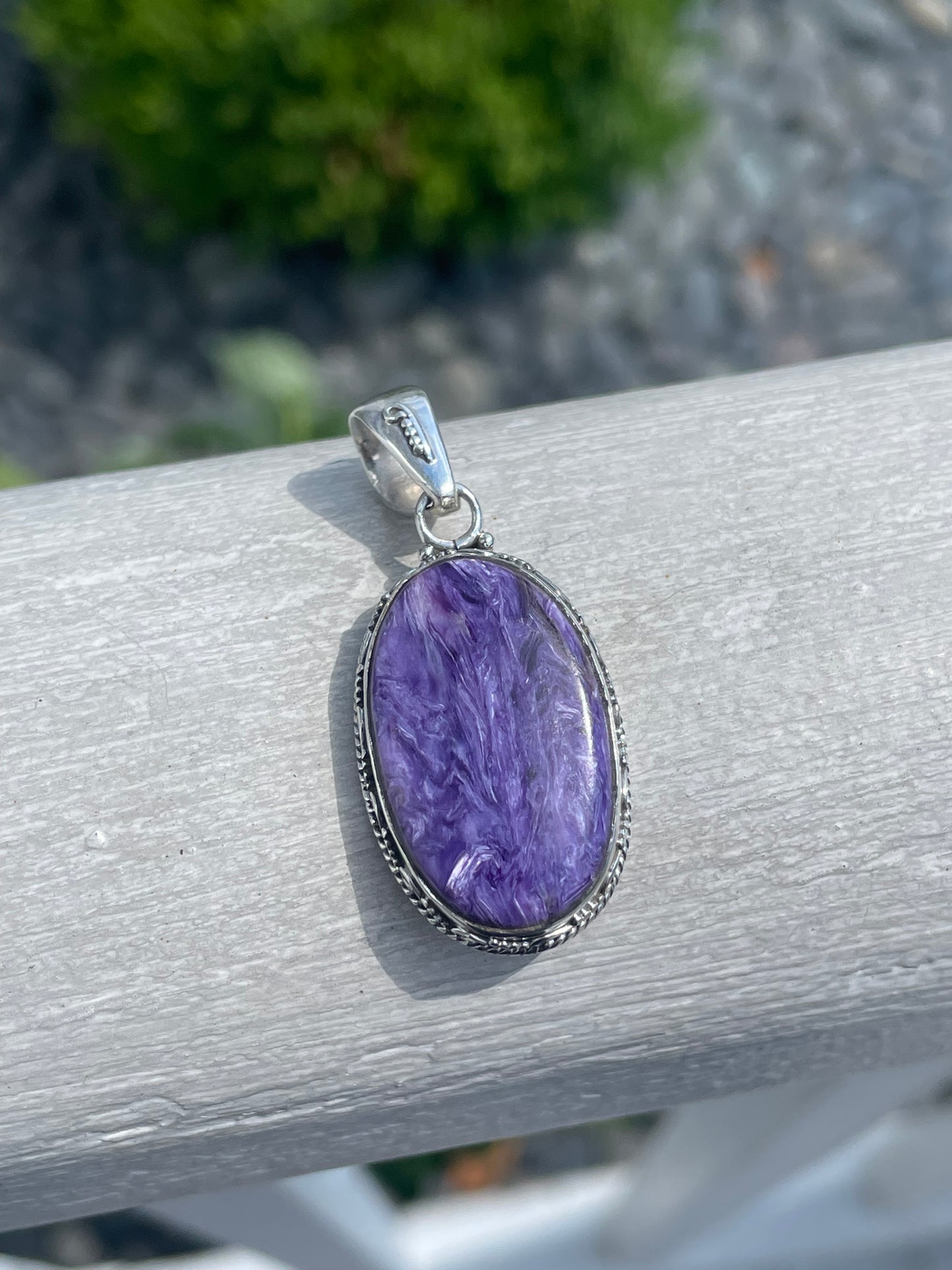 925 Sterling Silver Charoite Large Purple Stone Pendant