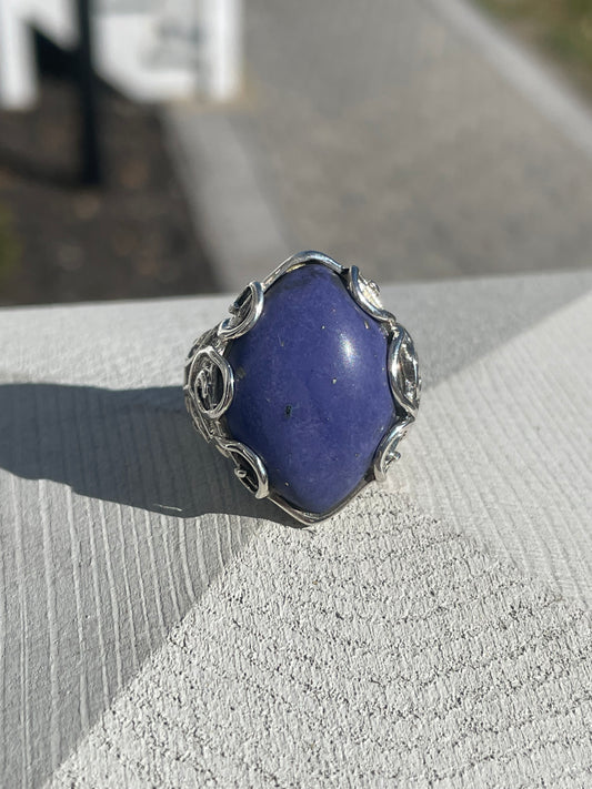 925 Sterling Silver Large Curved Rhombus Blue Lapis Statement Ring Size 8