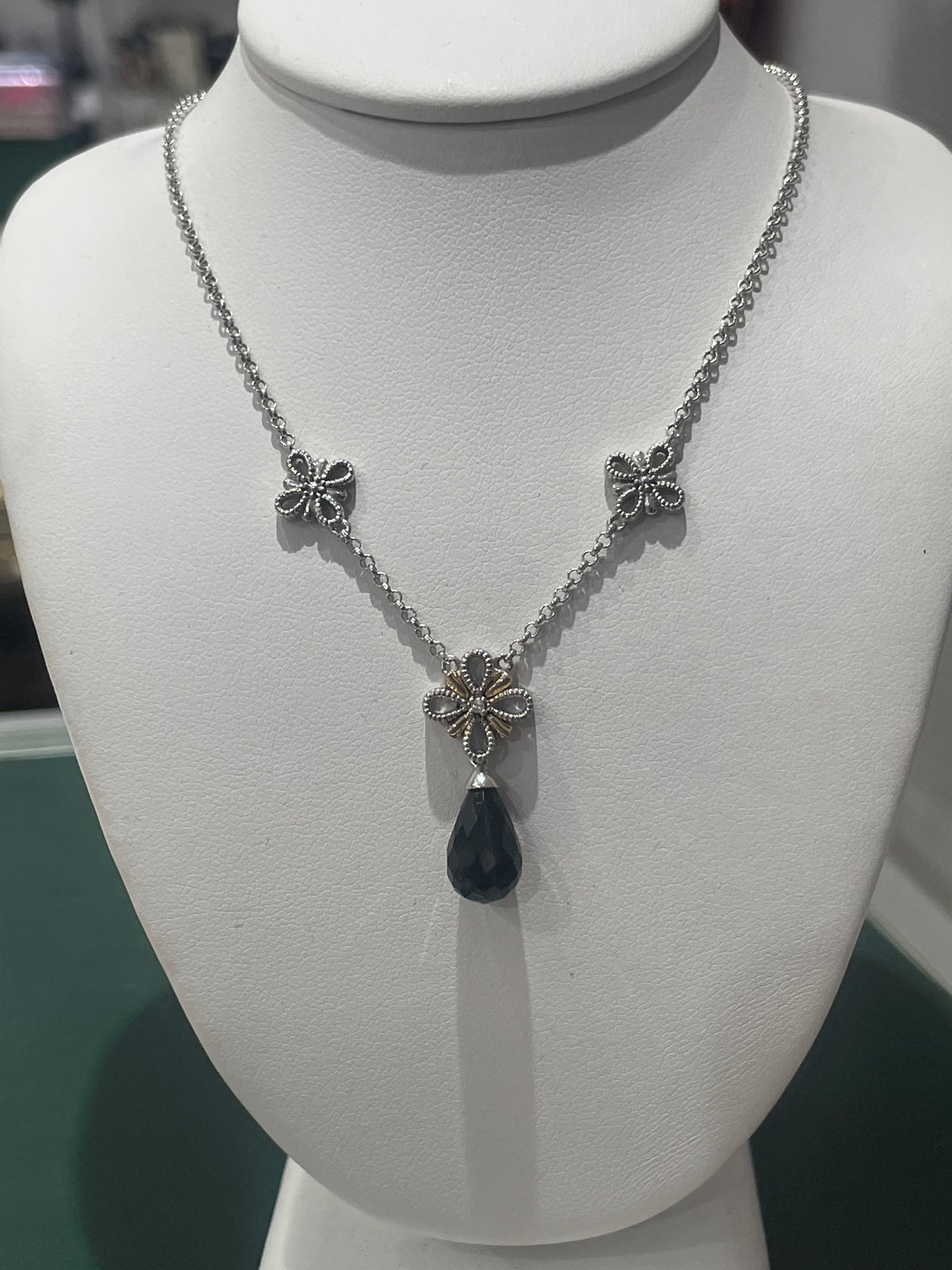 925 & 14k Onyx Drop Two Tone Flower Station Necklace 16”