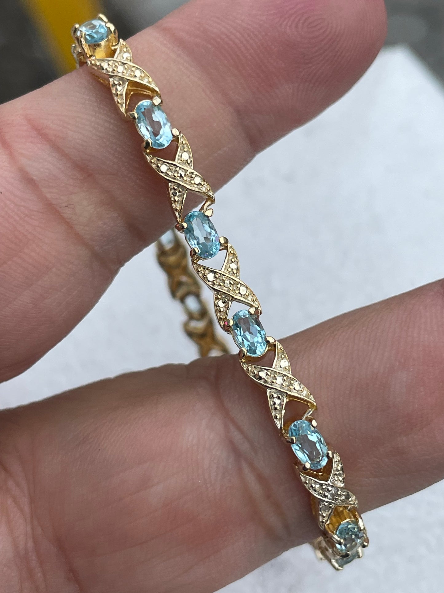 925 Sterling Silver Vermeil Aquamarine Tennis Bracelet Size 7”