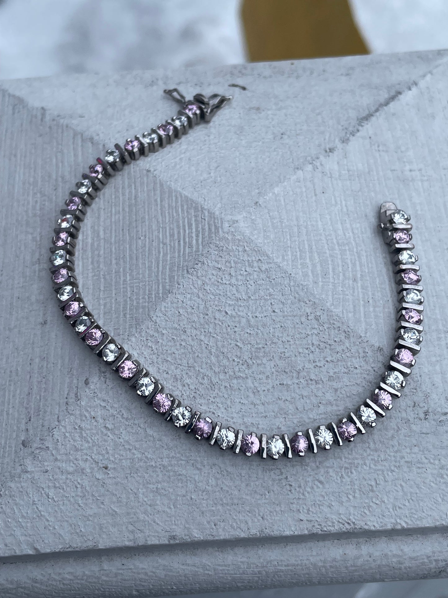925 Sterling Silver Pink & Clear Cz Tennis Bracelet 7.5”