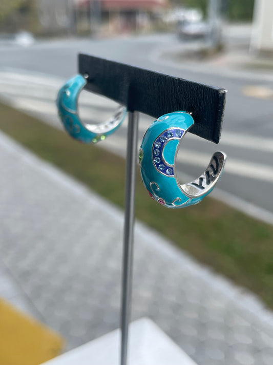 Designer David Sigal Decorative Blue Enamel 3/4 Hoop Earrings