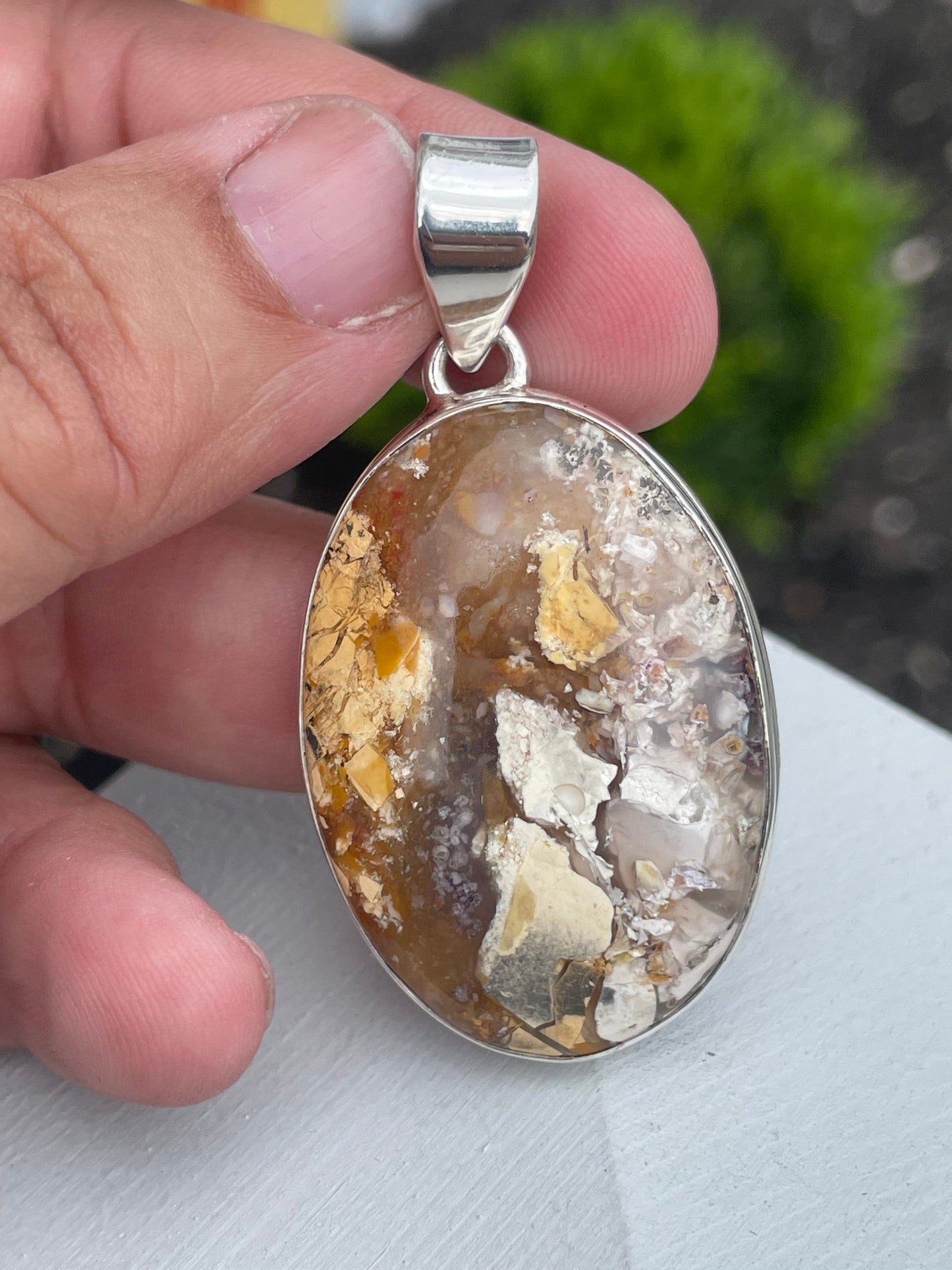 925 Sterling Silver Epoxy Resin Concrete Flakes Oval Pendant