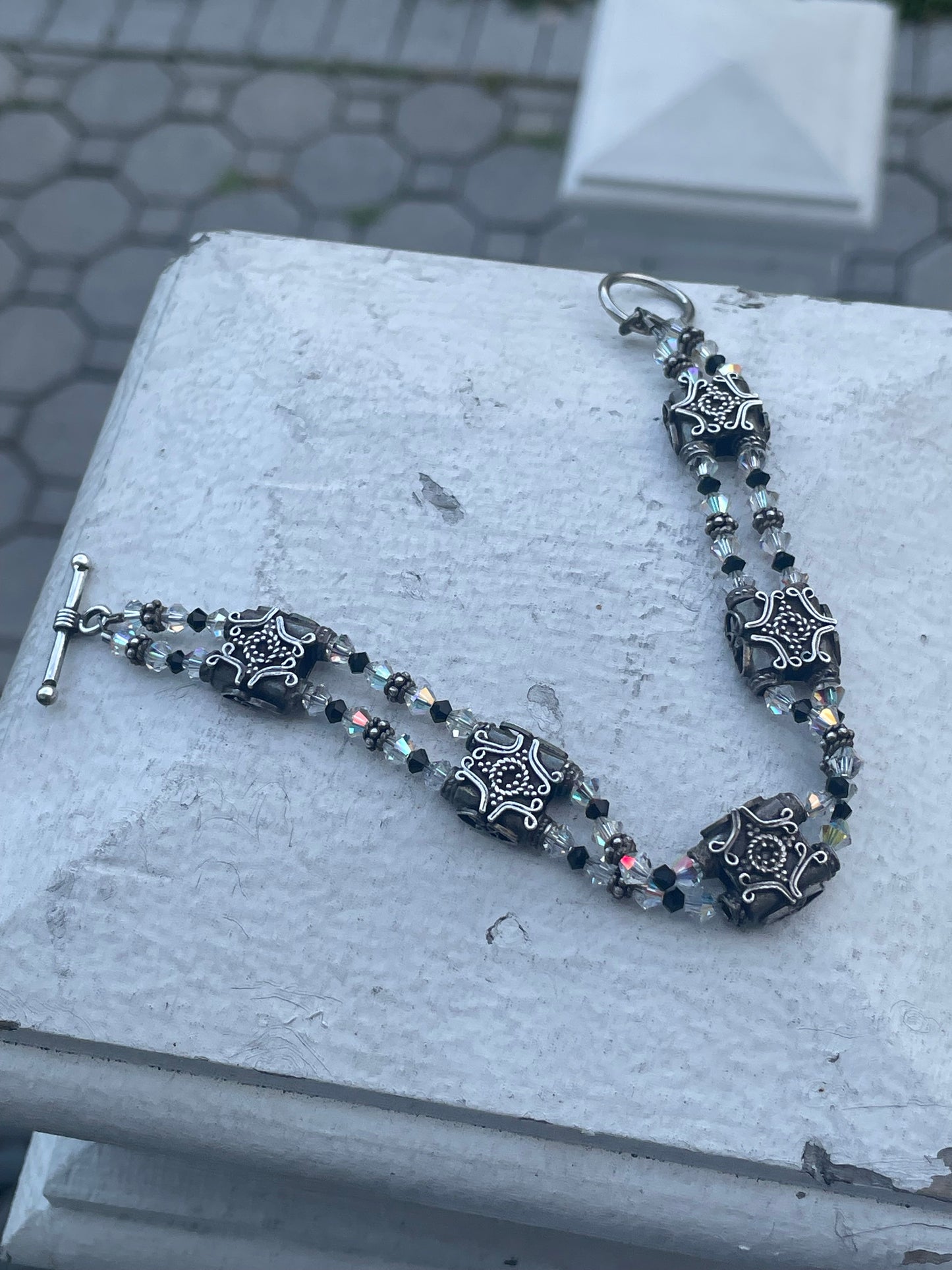 925 Sterling Silver Victorian Filigree Clear & Black Crystal Station Bracelet 8”