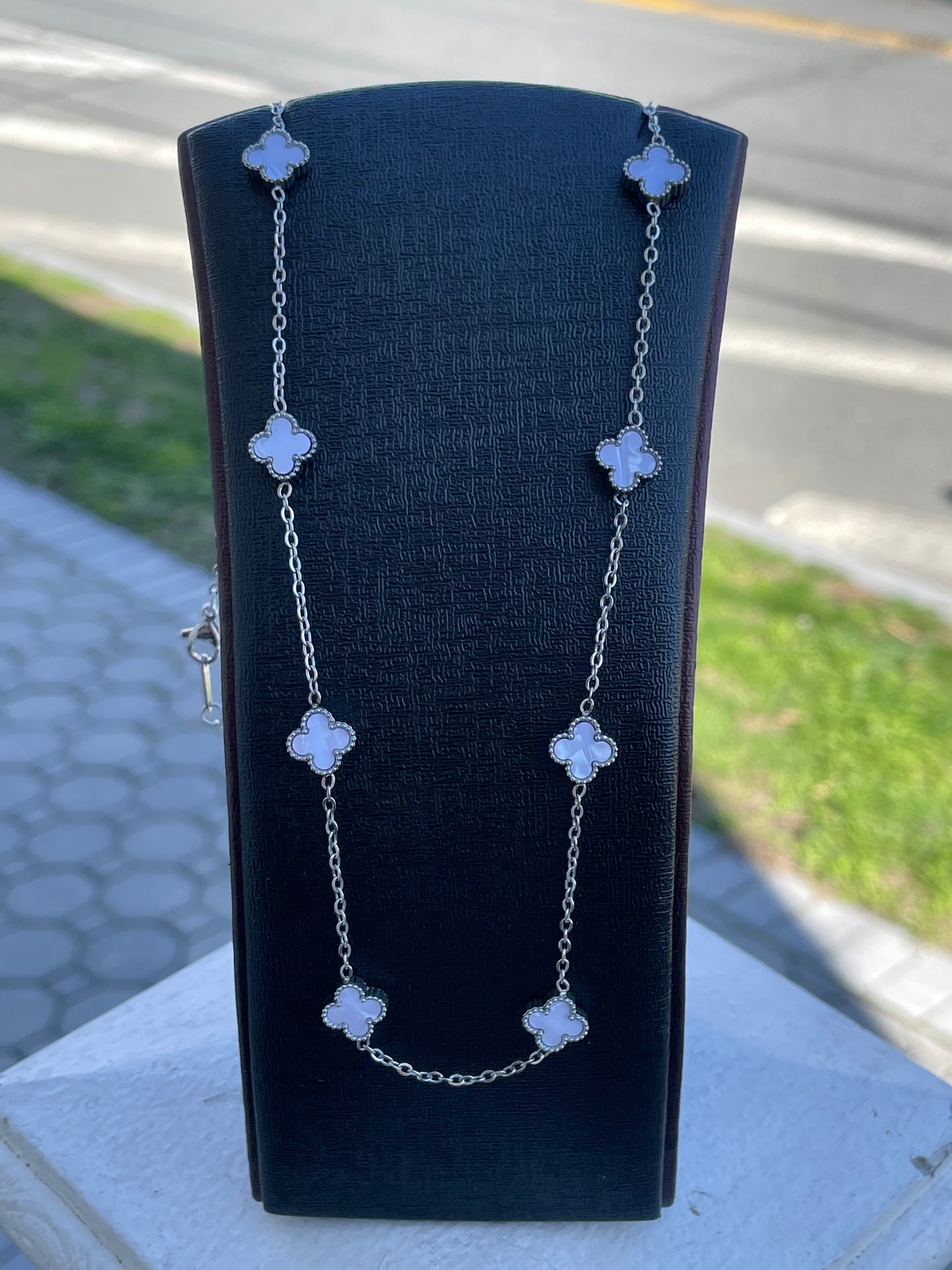 Stainless Steel White Mother of Pearl Mini Clover Station Van Cleef Style Necklace 18-20"