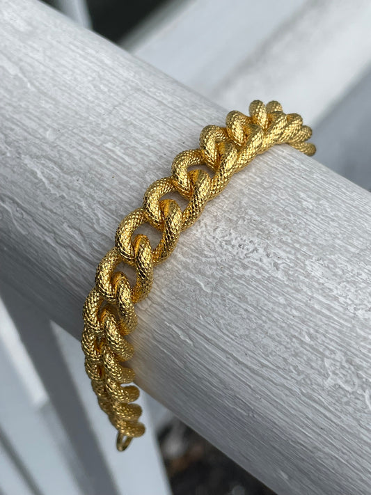 Stainless Steel Vermeil Ladies Textured Cuban Link Bracelet 7”