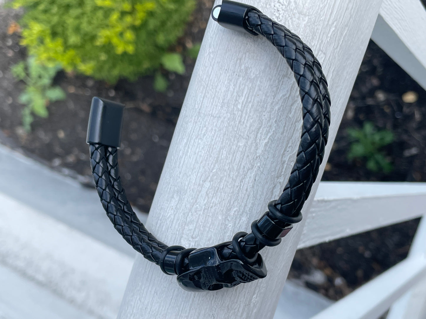 Black Leather Stainless Steel Skull 8” Bracelet