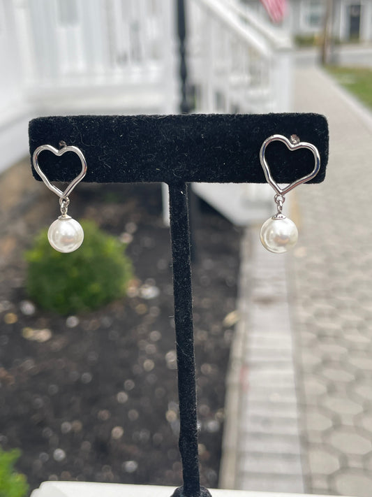 925 Sterling Silver Open Heart Freshwater Pearl Drop Earrings