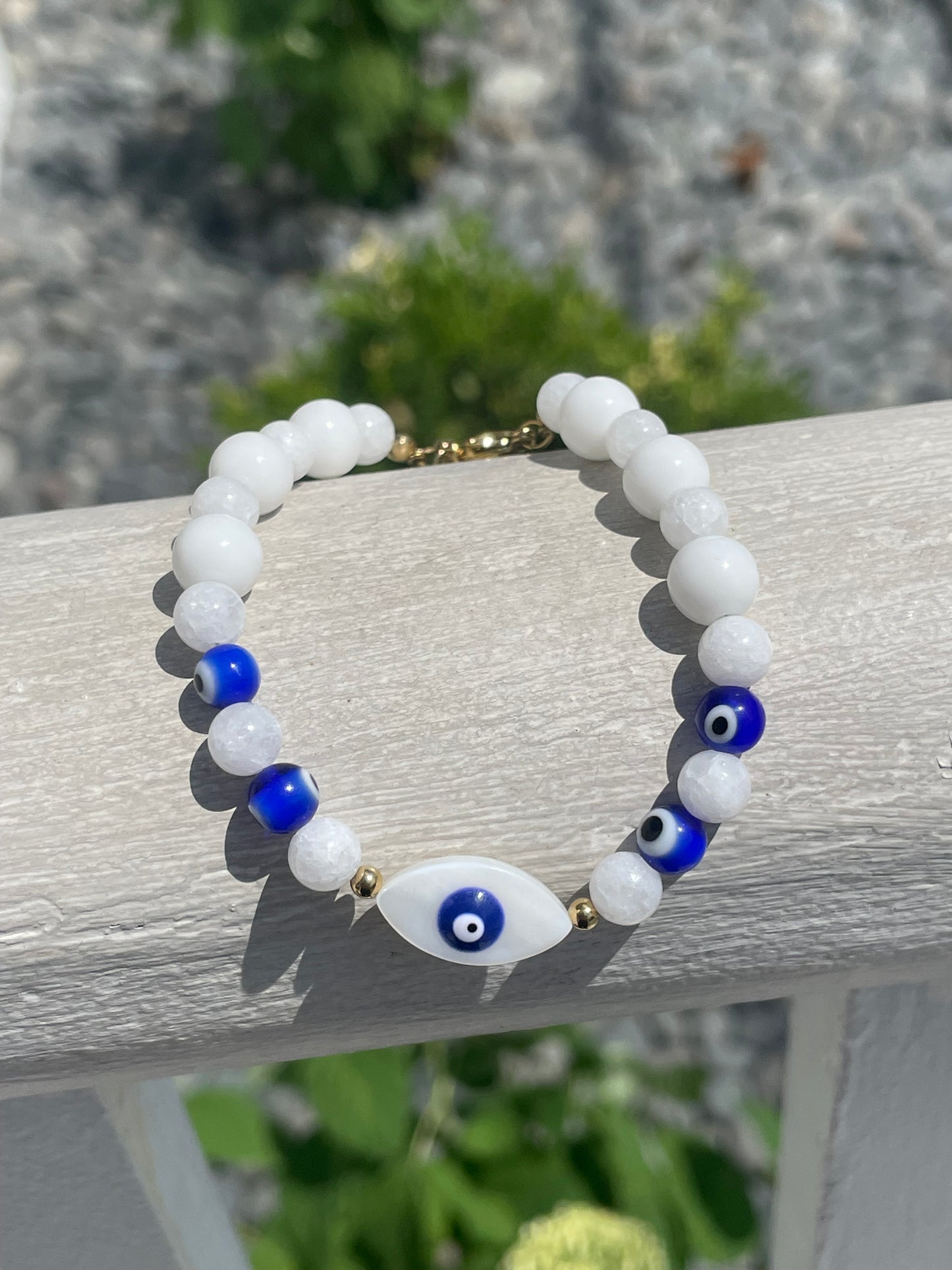 Stainless Steel Vermeil White & Blue Beaded Evil Eye Bracelet 7”-8.5”