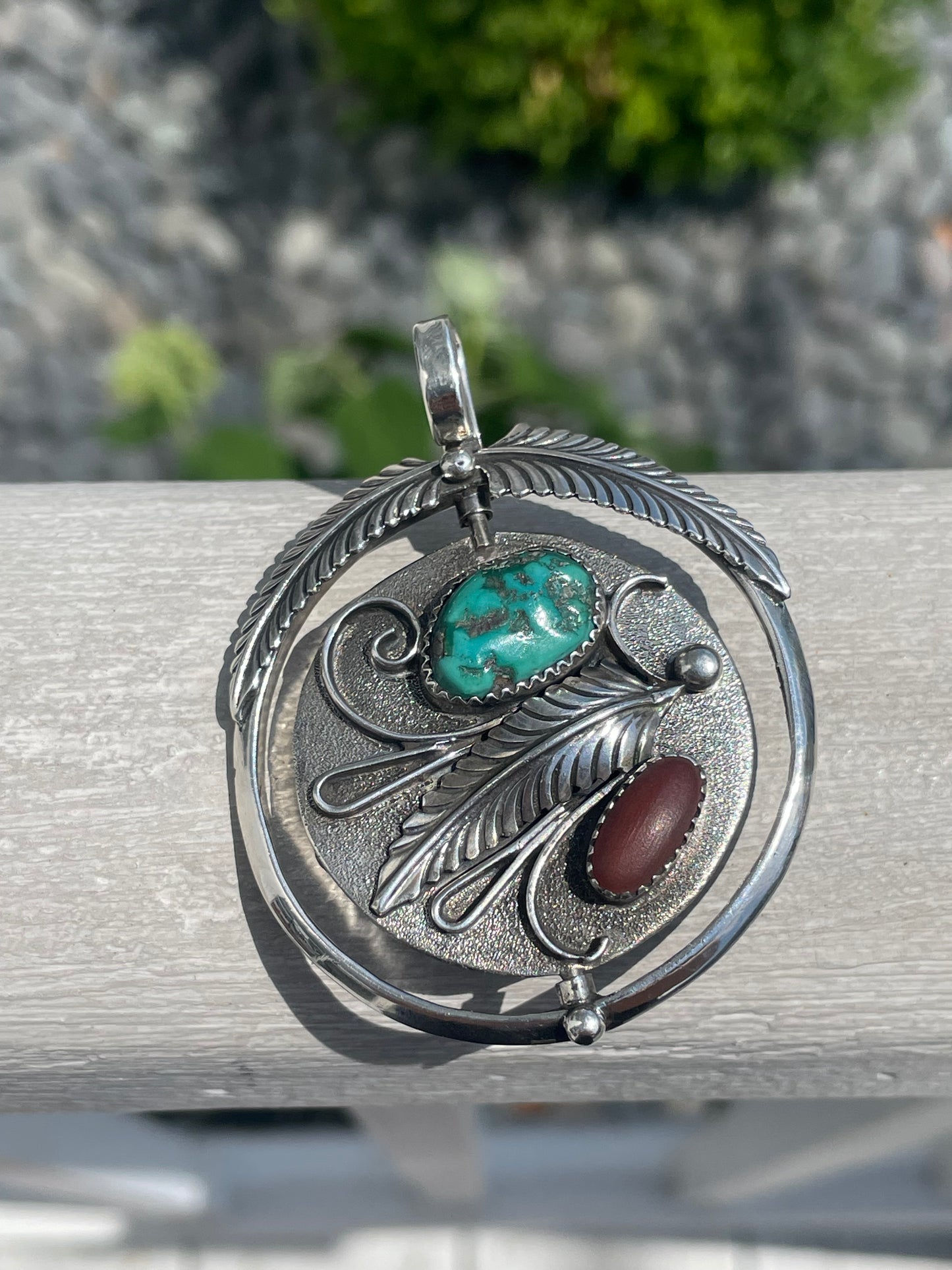 Navajo Designer Alfred Joe Native American Large Reversible Turquoise & Carnelian 925 Sterling Silver Pendant