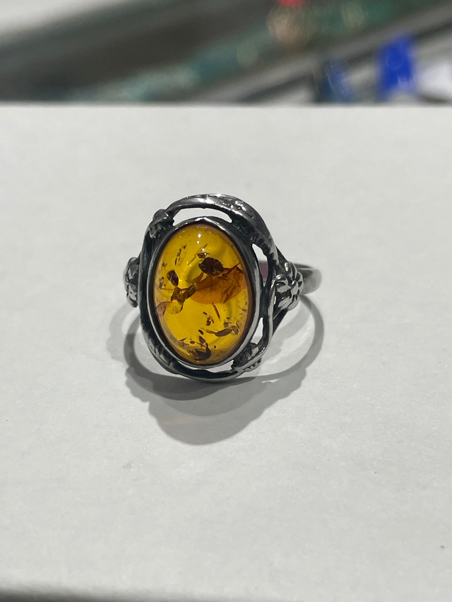 925 Sterling Silver Vintage Amber Ring Size 9
