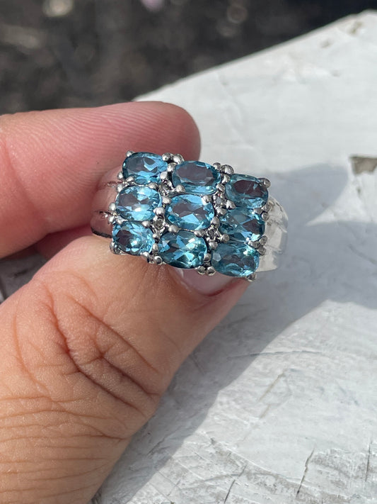 925 Sterling Silver Triple Row Natural Blue Topaz Cluster Band Ring