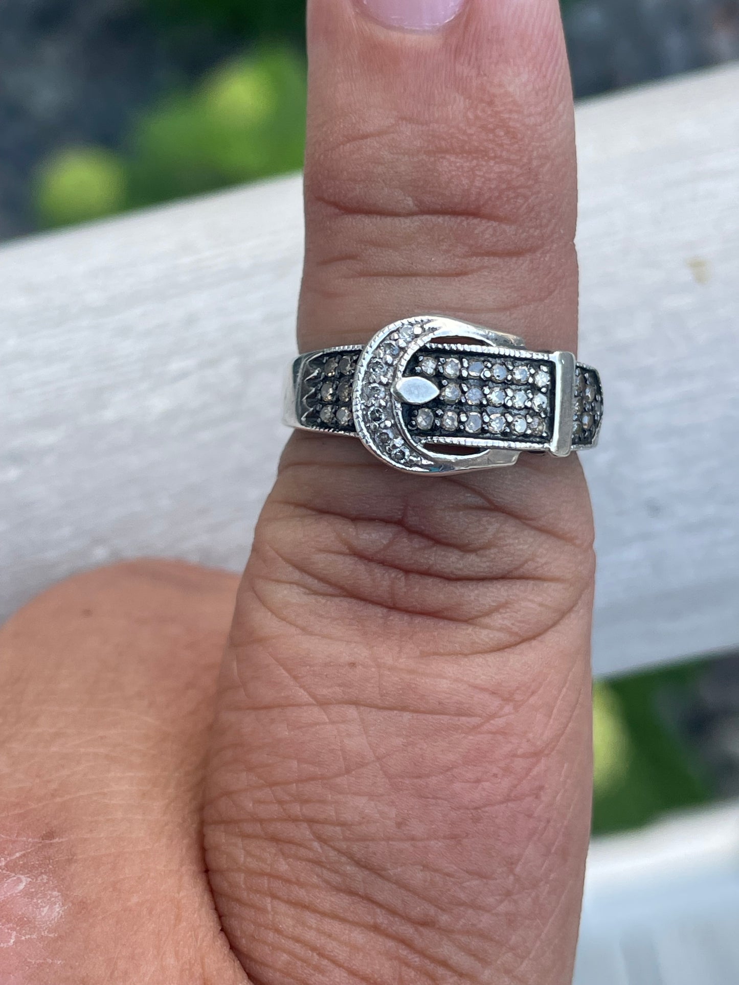 925 Sterling Silver Natural Champagne & White Diamond Belt Buckle Ring Size 8