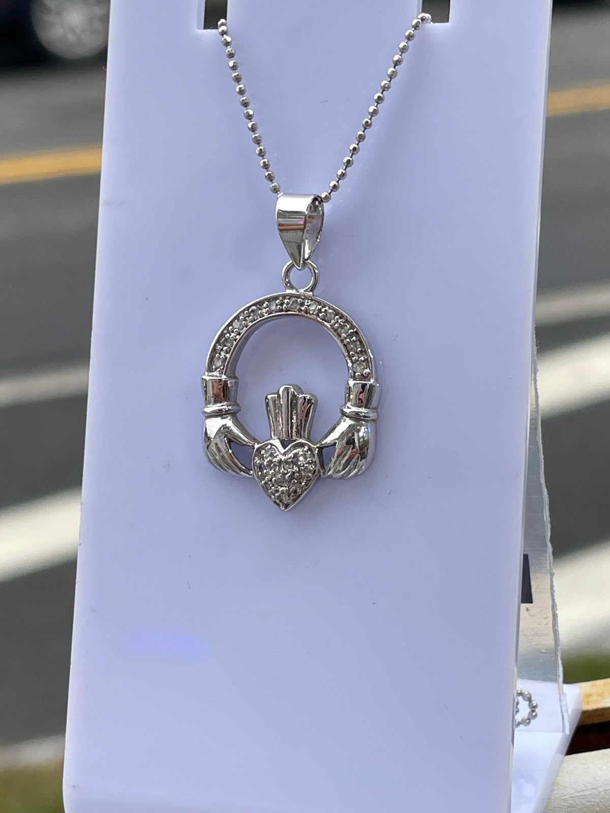 925 Sterling Silver Diamond Irish Claddagh Necklace 18”