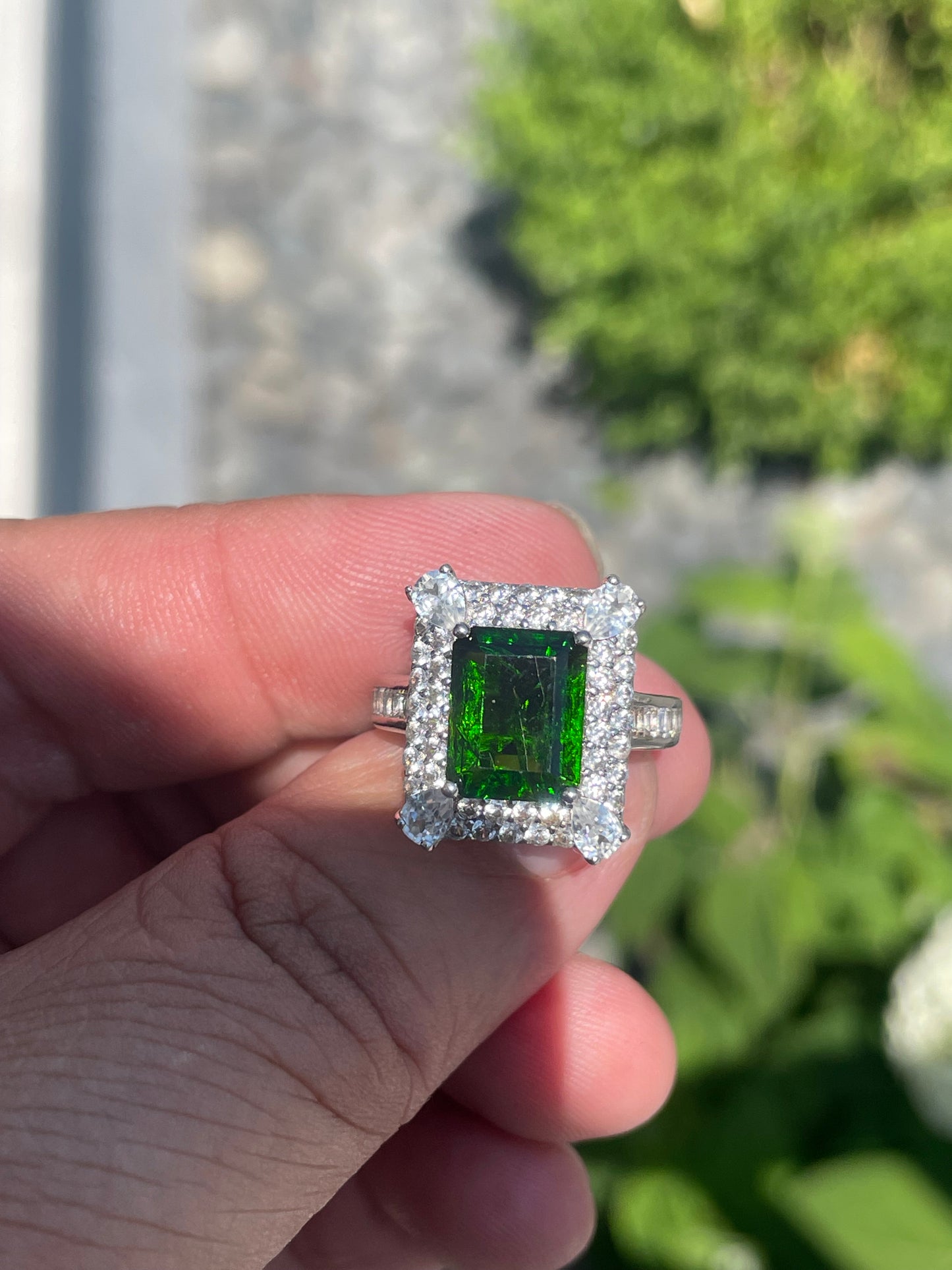 925 Sterling Silver Chrome Diopside & Cz Cluster Ring Size 6