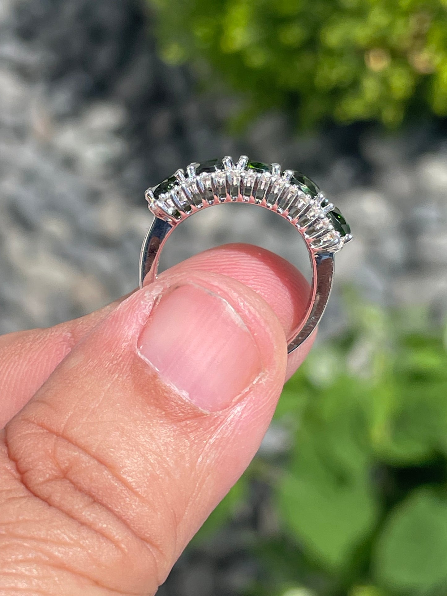 925 Sterling Silver Chrome Diopside & Cz Large Stone Band Ring Size 6