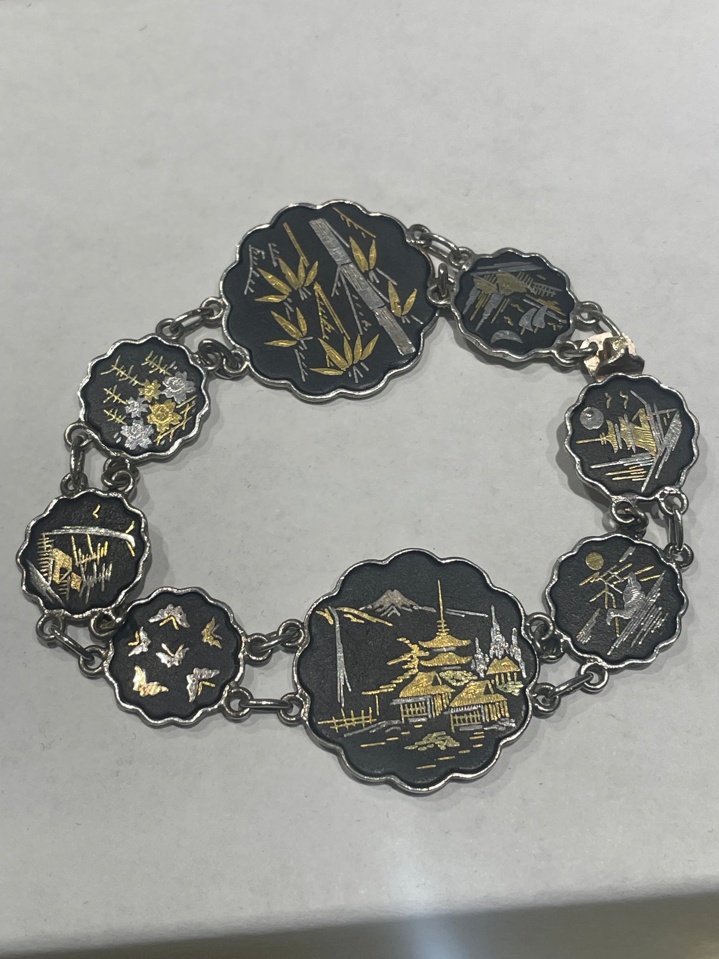 Designer Amita 925 Sterling Silver & 24k gold Japanese Etched Tile Bracelet 7”