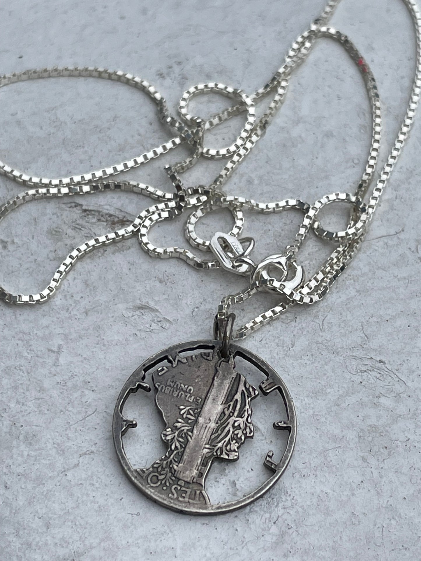 Silver Handmade Cutout Mercury Dime Necklace 18”