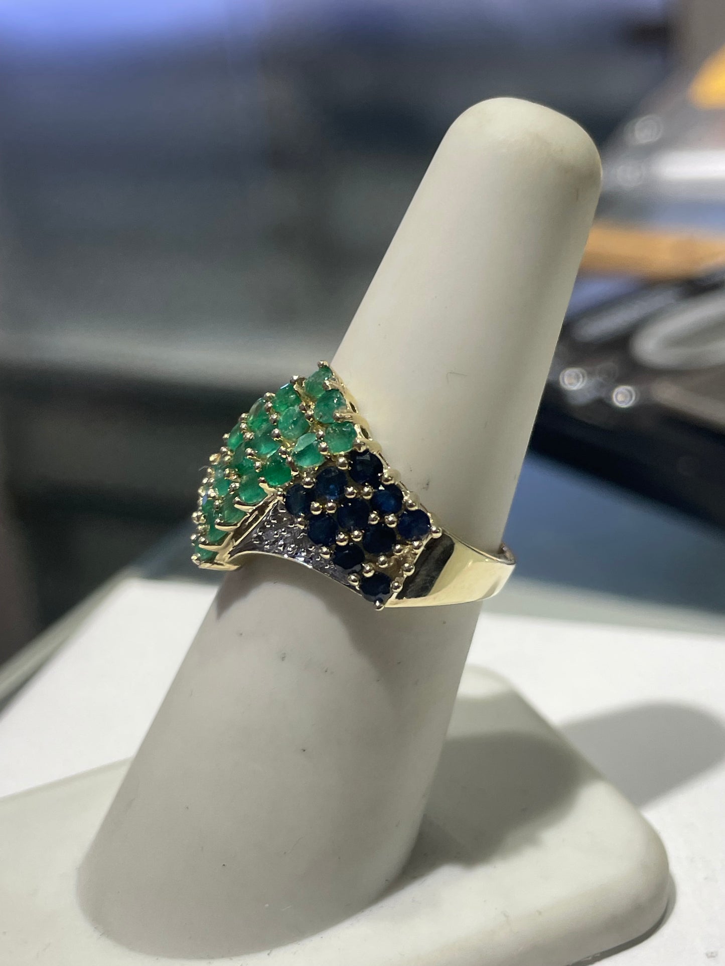 925 Sterling Silver Vermeil Natural Ruby Emerald Sapphire and Diamond Cluster Ring Size 6.5