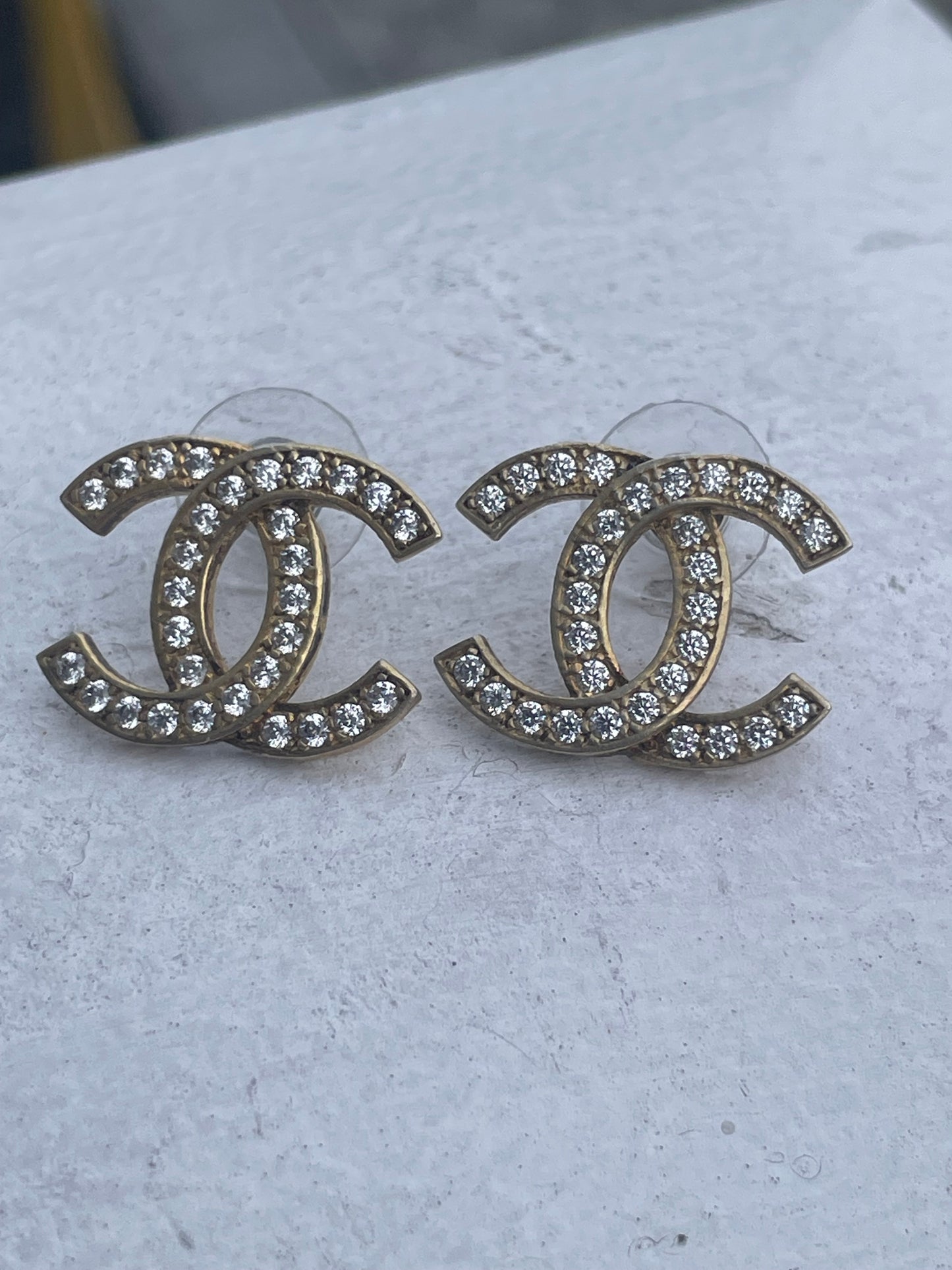 925 Sterling Silver Vermeil Chanel Inspired CC Sparkling Logo Stud Earrings With Cz.