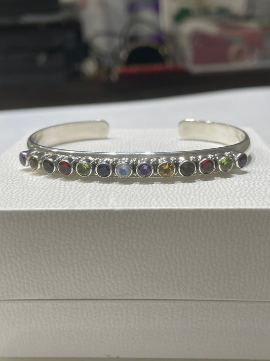 Designer Nikki Butler Solid Silver Multi Colored Stone Cuff Bracelet