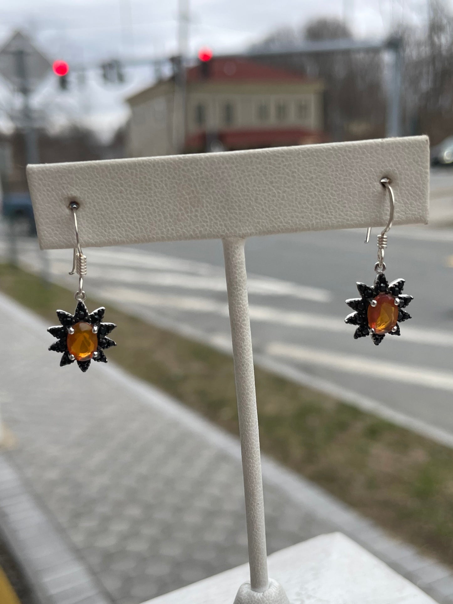 925 Sterling Silver Australian Opal and Black Zirconia Cluster Dangle Earrings