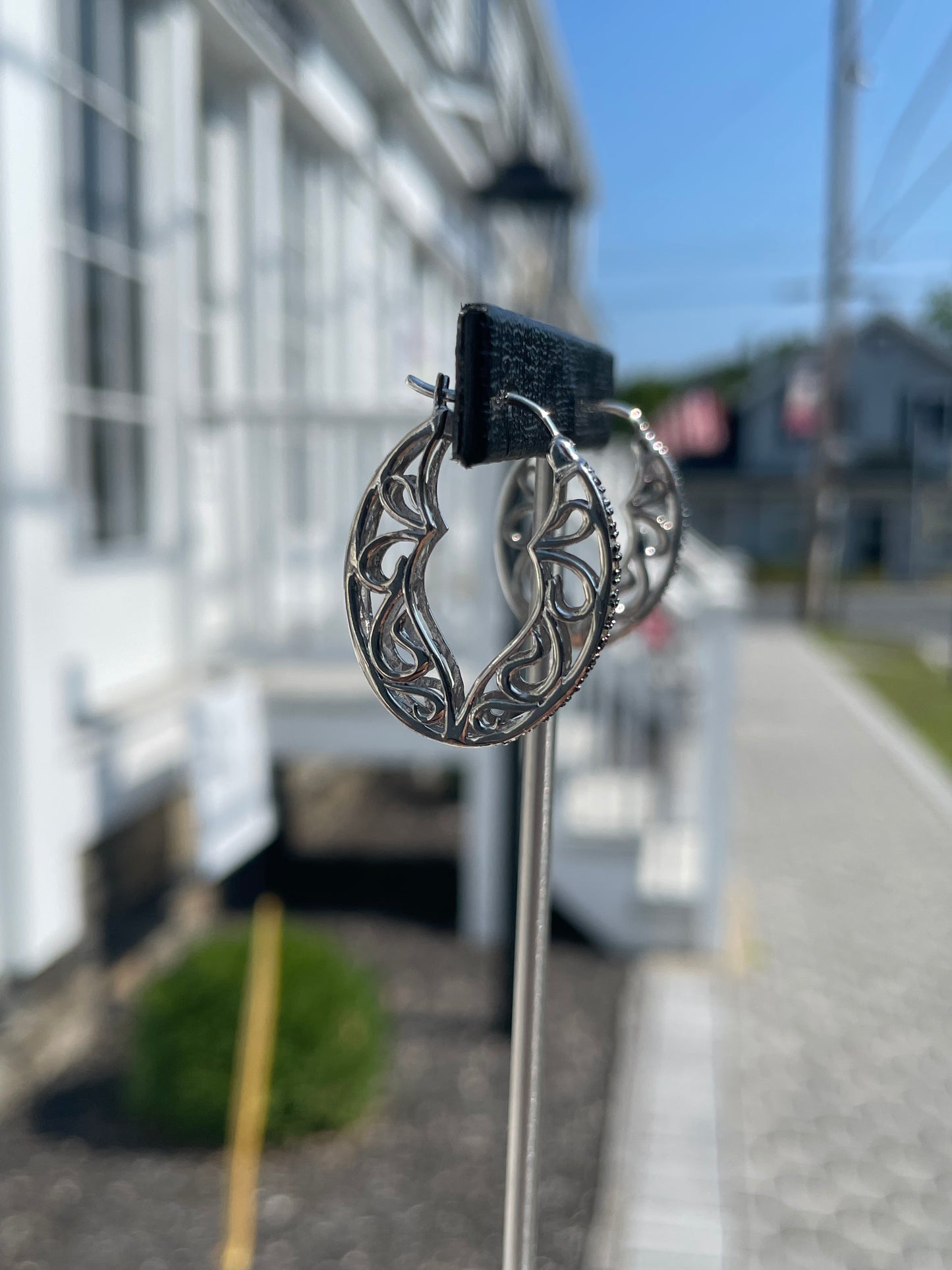 925 Sterling Silver .60ct Natural Diamond Oval Filigree Hoop Earrings