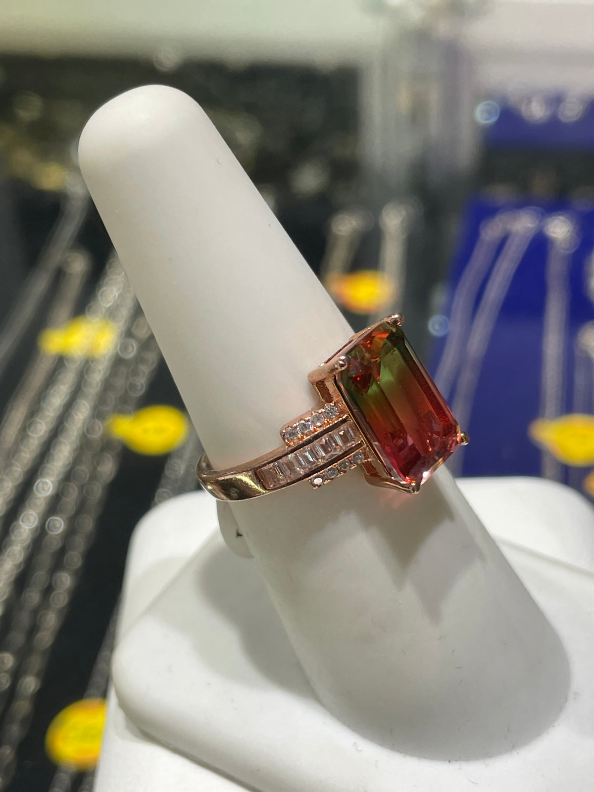 925 Sterling Silver Rose Vermeil Watermelon Quartz & Cz Ring Size 7