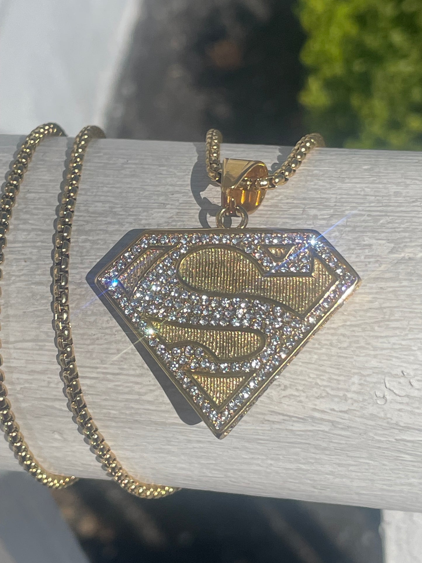 Stainless Steel Gold Color Sparkling Superman Logo Necklace