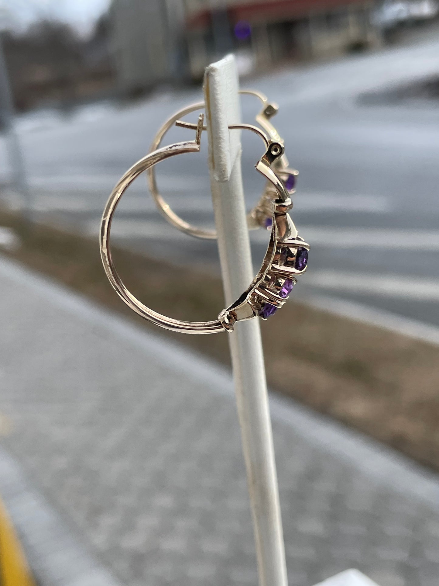 14k Gold Amethyst Past Present Future Hoop Earrings