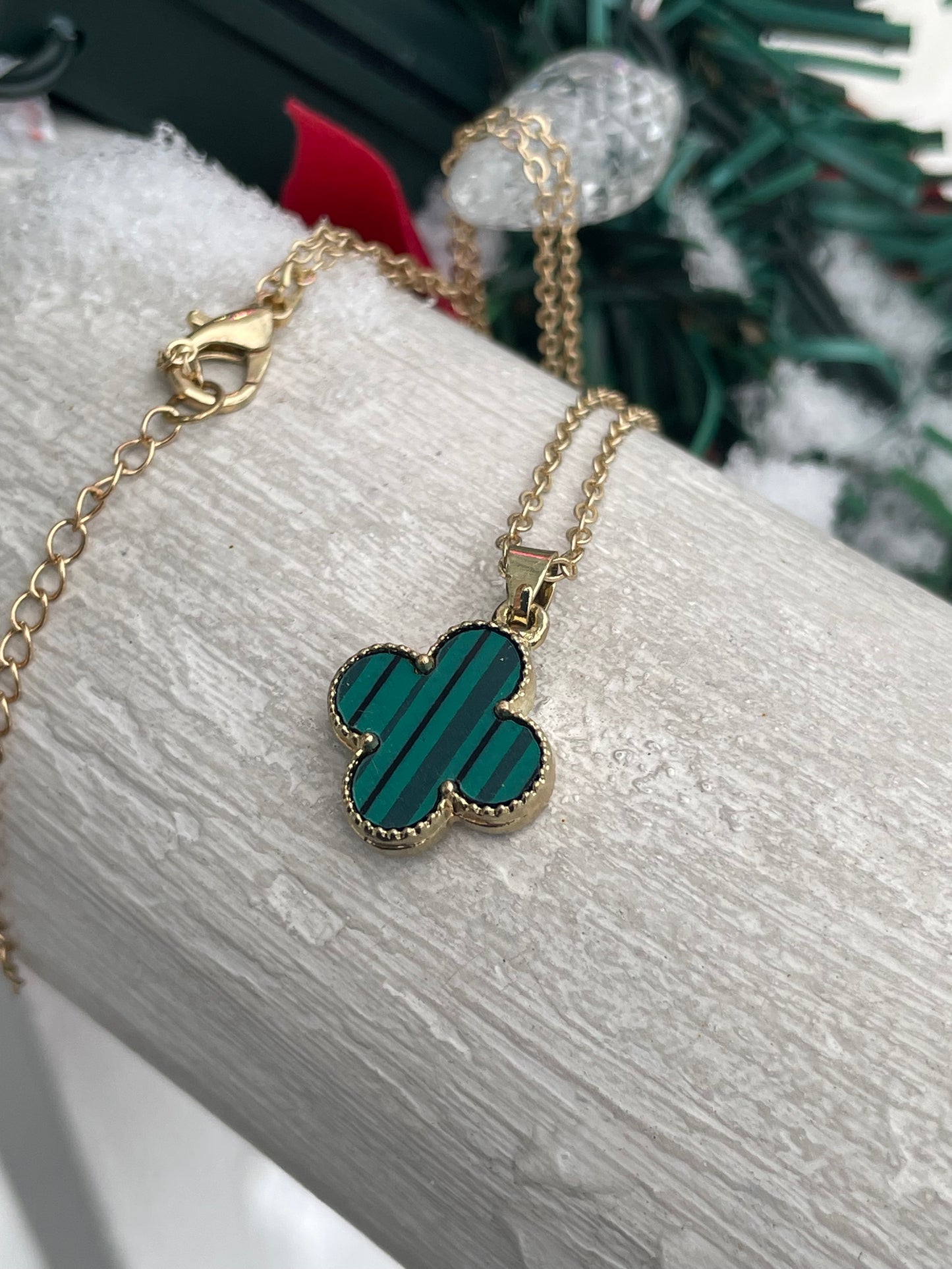 Stainless Steel Gold Plated Malachite Van Vleef Style Clover Necklace