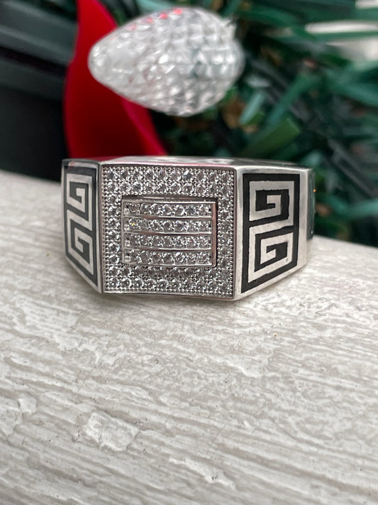 925 Sterling Silver Men’s Cz Greek Key Signet Ring Size 12