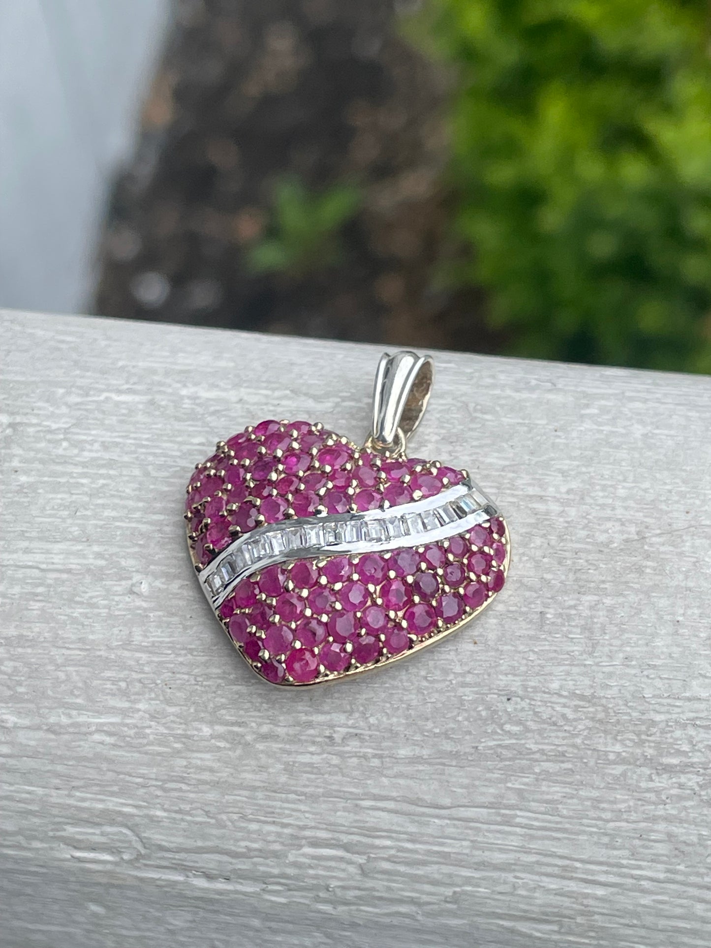 925 Sterling Silver Vermeil 2tone Natural Ruby & Cz Heart Pendant
