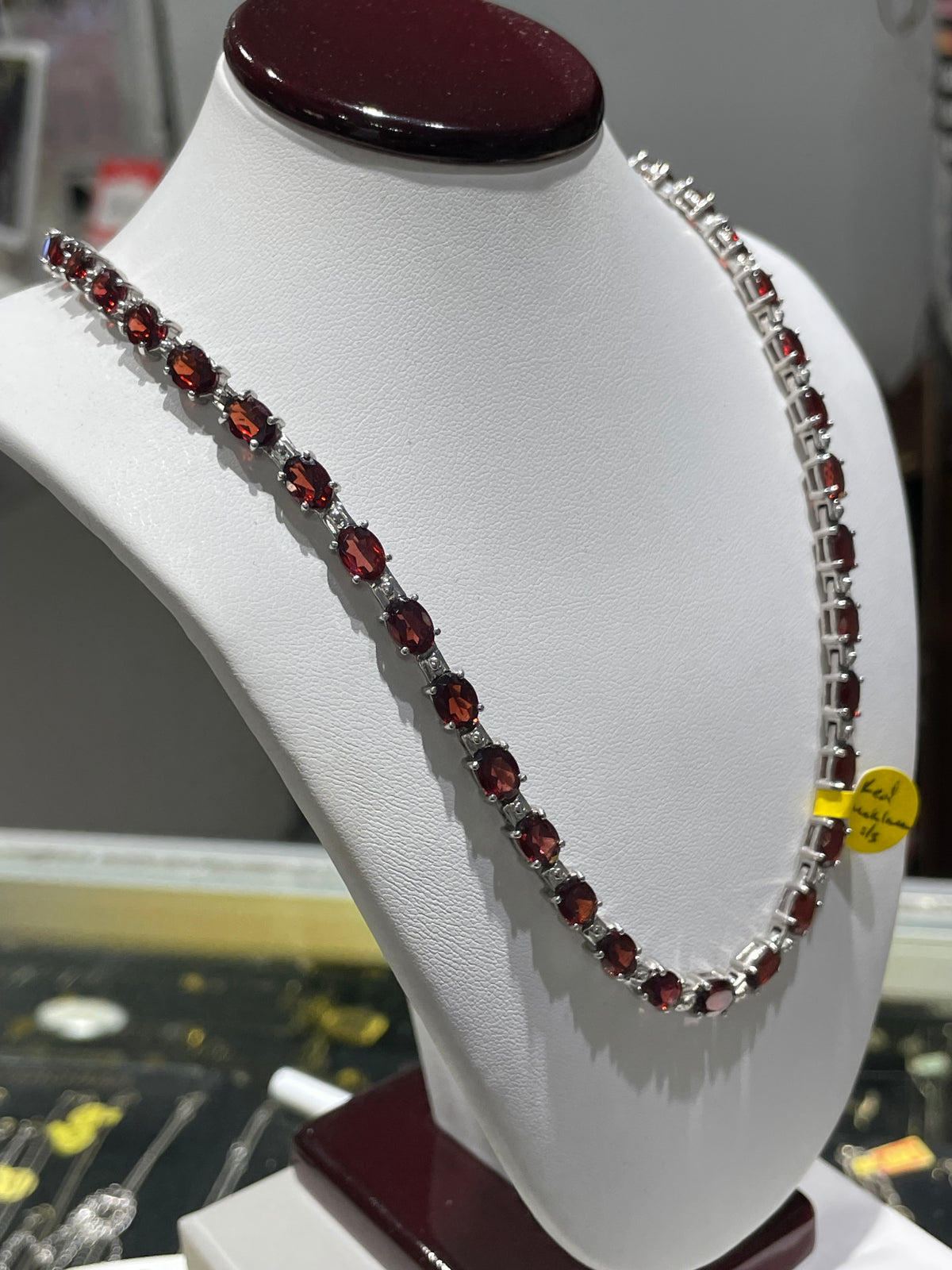 925 Sterling Silver Garnet Tennis Necklace 16”