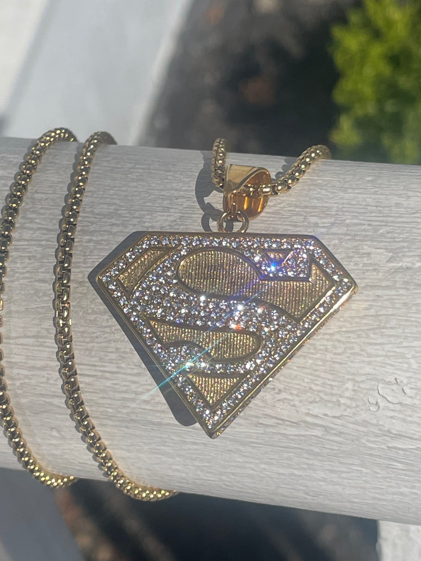 Stainless Steel Gold Color Sparkling Superman Logo Necklace
