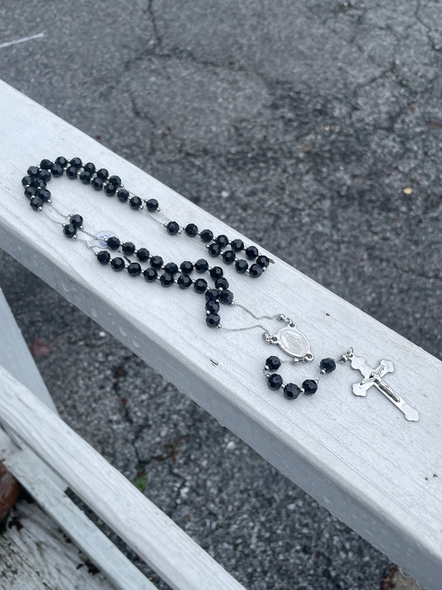 Stainless Steel Black Crystal Beaded 30” Rosary Necklace