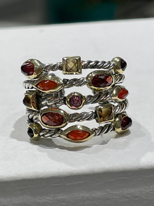 Retired David Yurman Carnelian Garnet Pink Tourmaline & Citrine Confetti Ring 925 Silver & 18k Gold Open Size