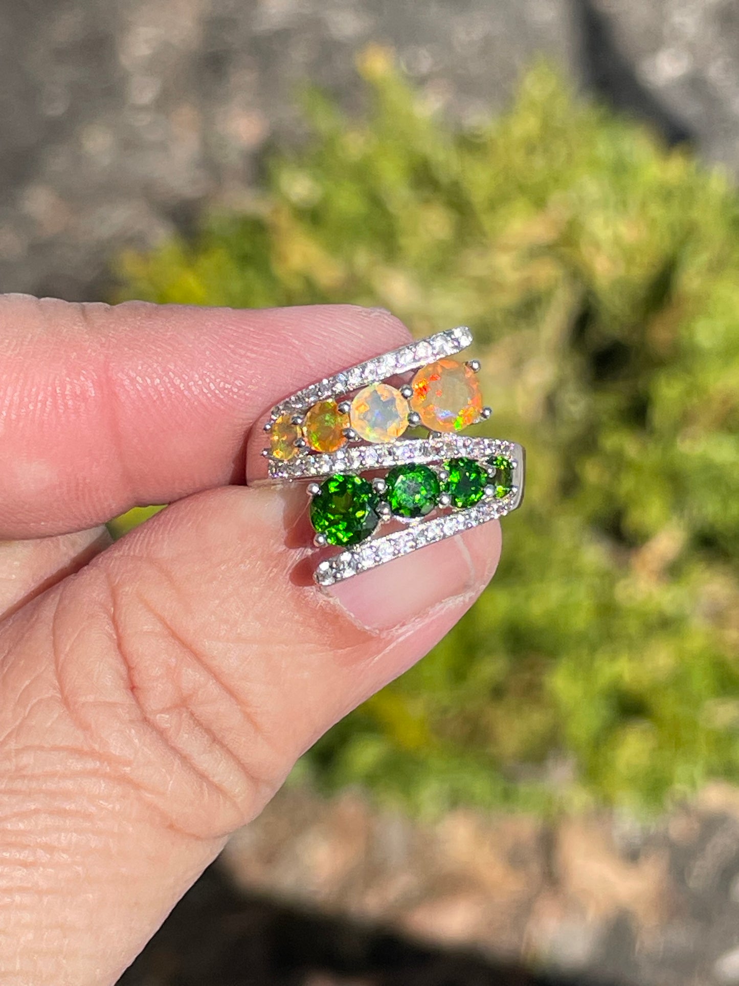 925 Sterling Silver Chrome Diopside & Ethiopian Opal Bypass Ring Size 6